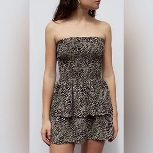 SUBDUED Strapless Shirred Mini Leopard Print Tiered Smocked Dress